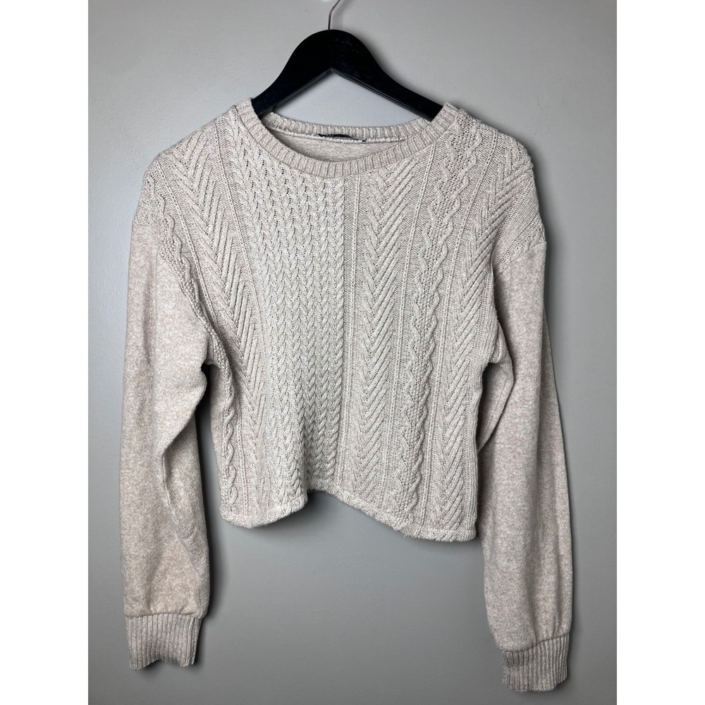 Zara Womens Medium Beige Cable Knit Cropped Sweater Crew Neck Long Sleeve